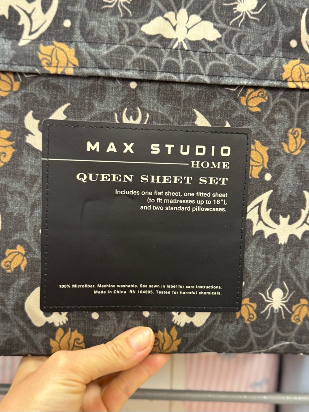 Max Studio Home Queen Sheet Set - Dark Gray with Cream & Gold Floral Accents
